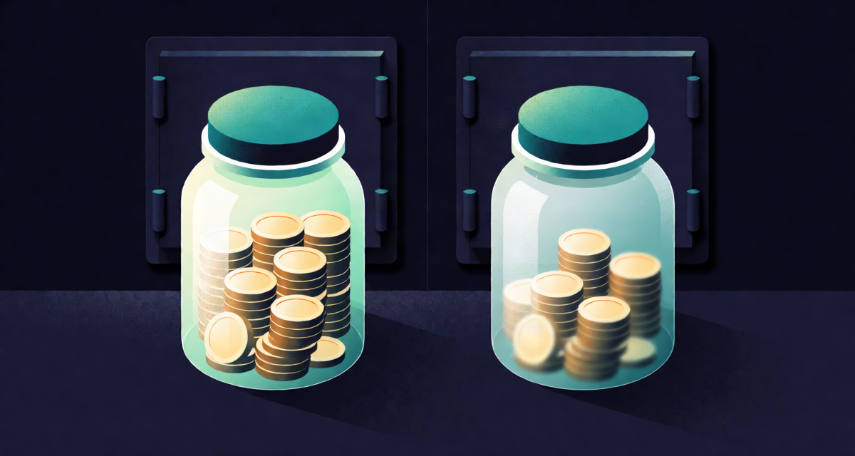 Editorial illustration: two glowing glass jars of coins side by side, one full and bright, the other visibly shrinking with a soft melting effect, inflation concept against a dark bank vault backdrop