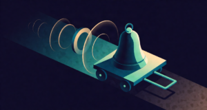 Editorial illustration: a ringing bell on a moving cart with sound rings bunched ahead and stretched behind, Doppler physics elegance