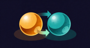 Editorial illustration: two glowing spheres, one amber one teal, pushing and pulling each other with visible force arrows, attraction and repulsion duo