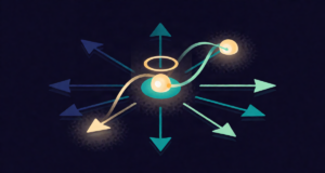 Editorial illustration: a lone glowing charge with a halo of field arrows radiating outward, a few arrows bending near a second charge, minimal physics beauty