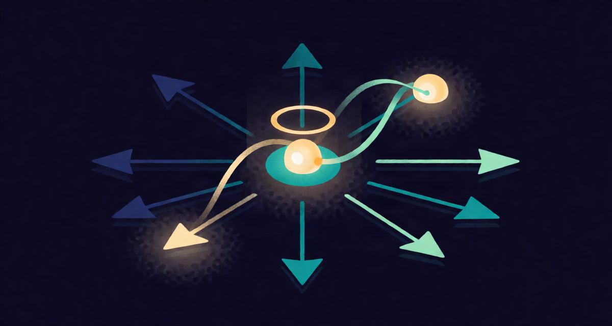 Editorial illustration: a lone glowing charge with a halo of field arrows radiating outward, a few arrows bending near a second charge, minimal physics beauty