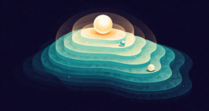 Editorial illustration: a glowing charged sphere creating a terraced luminous energy landscape with contour rings, a small test charge rolling downhill, physics elegance