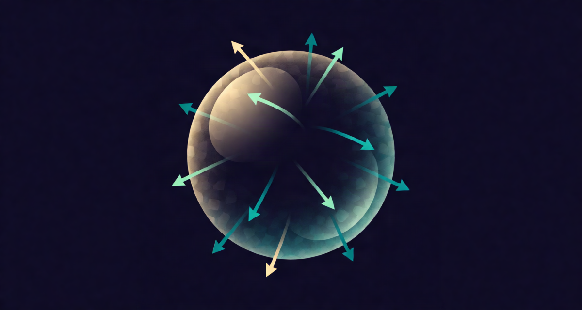 Editorial illustration: a luminous closed bubble surface with electric field arrows piercing it uniformly, some entering some leaving, elegant physics diagram on deep navy