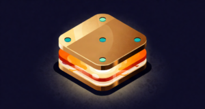 Editorial illustration: a giant glowing sandwich of two brass plates with an amber insulating layer between them, positive and negative charge particles clustered on opposite plates like sparks, warm kitchen-lab humor, clean physics diagram