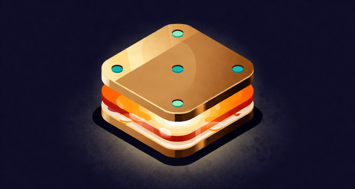 Editorial illustration: a giant glowing sandwich of two brass plates with an amber insulating layer between them, positive and negative charge particles clustered on opposite plates like sparks, warm kitchen-lab humor, clean physics diagram