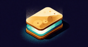 Editorial illustration: the same brass-plate sandwich now filled with a luminous crystal dielectric slab glowing from within, stored energy swirling between the plates like golden plasma, dramatic physics power-up scene