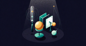 Editorial illustration: an elegant arrangement of physics instruments floating over a dark navy canvas: a charged glass rod with field lines, a golden sphere on a stand, parallel plates and a suspended pendulum bob, unified like a collector's card, soft spotlight