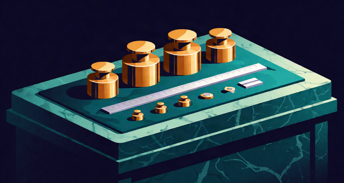 Editorial illustration: a set of polished brass standard weights and a meter rod resting on velvet in a marble standards bureau, museum lighting