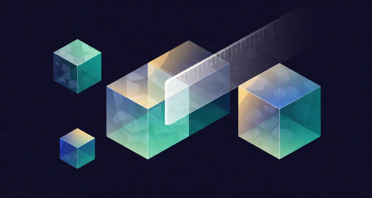 Editorial illustration: translucent geometric unit cubes and a ghostly ruler dissolving into one another in an X-ray style glow, blueprint atmosphere