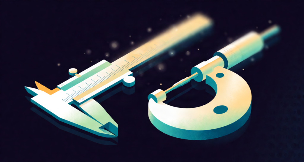 Editorial illustration: elegant brass precision instruments, a caliper and a micrometer screw gauge, rendered as clean glowing silhouettes with their fine scale marks dissolving into soft bokeh particles, dark blueprint background