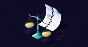 Editorial illustration: a torn exam paper being mended with golden thread above a balanced scale, justice restoring fairness