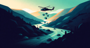 Editorial illustration: a helicopter silhouette dropping relief crates over a flooded valley where a river has burst its banks, disaster relief at dawn