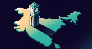 Editorial illustration: a railway clock tower without numerals casting one long shadow across a stylised map of India, one-nation-one-time metaphor