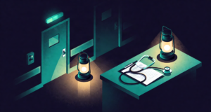 Editorial illustration: a dark hospital corridor lit by emergency lanterns with a stethoscope resting on a desk, calm after an outage, teal emergency light