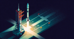 Editorial illustration: a sleek private rocket lifting off beside a classic government launcher over a launchpad at dawn, new space decade