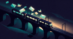 Editorial illustration: a train silhouette crossing a bridge at dusk with glowing envelopes fluttering homeward alongside like birds, remittance metaphor