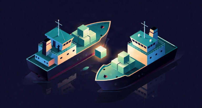Editorial illustration: two ships exchanging glowing cargo crates across a calm harbour at dusk, trade diplomacy scene