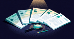 Editorial illustration: five stacks of past exam papers from different years fanned out on a pathologist's desk with a magnifying glass and tweezers, one sheet under the lens glowing, detective study mood