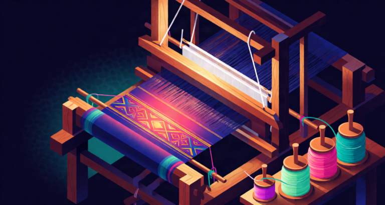 Editorial illustration: a wooden handloom with vibrant threads in indigo, magenta and gold weaving a glowing patterned textile, spools of silk arranged beside it, warm artisan workshop light