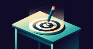 Editorial illustration: a glowing target with three concentric rings on a business-school style desk, a sharp pencil poised at its center like an arrow, subtle rising score arc of light behind, focused ambition