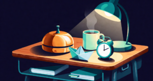 Editorial illustration: a brass bicycle bell, a folded paper boat and a small alarm clock without numerals arranged on a student desk beside a steaming mug, quick-revision morning ritual, warm lamp glow