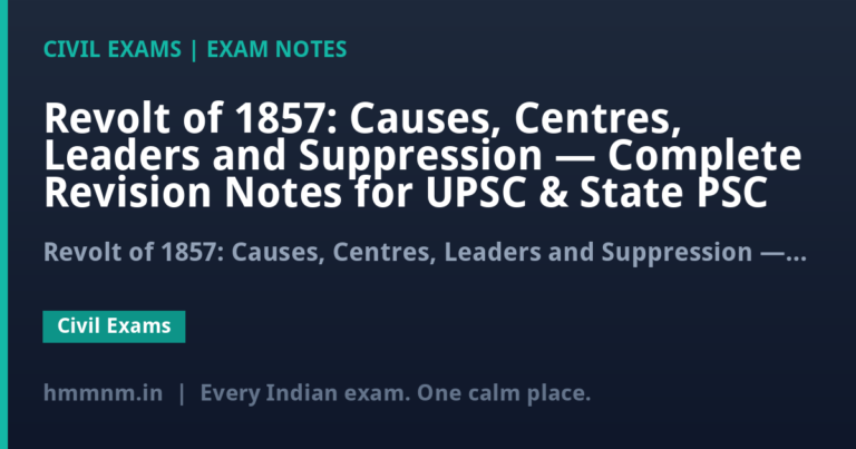 Revolt of 1857: Causes, Centres, Leaders and Suppression — Complete Revision Notes for UPSC & State PSC