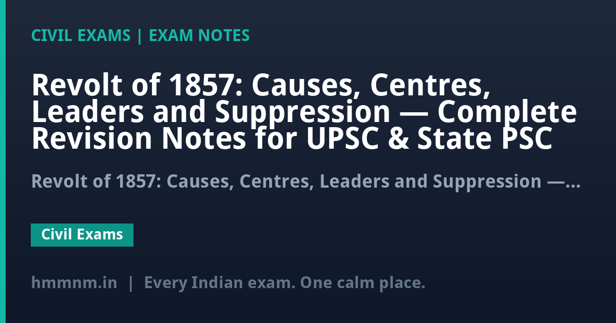 Revolt of 1857: Causes, Centres, Leaders and Suppression — Complete Revision Notes for UPSC & State PSC
