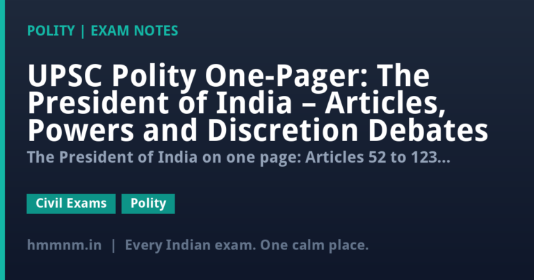 UPSC Polity One-Pager: The President of India – Articles, Powers and Discretion Debates