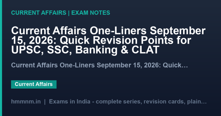 Current Affairs One-Liners September 15, 2026: Quick Revision Points for UPSC, SSC, Banking & CLAT