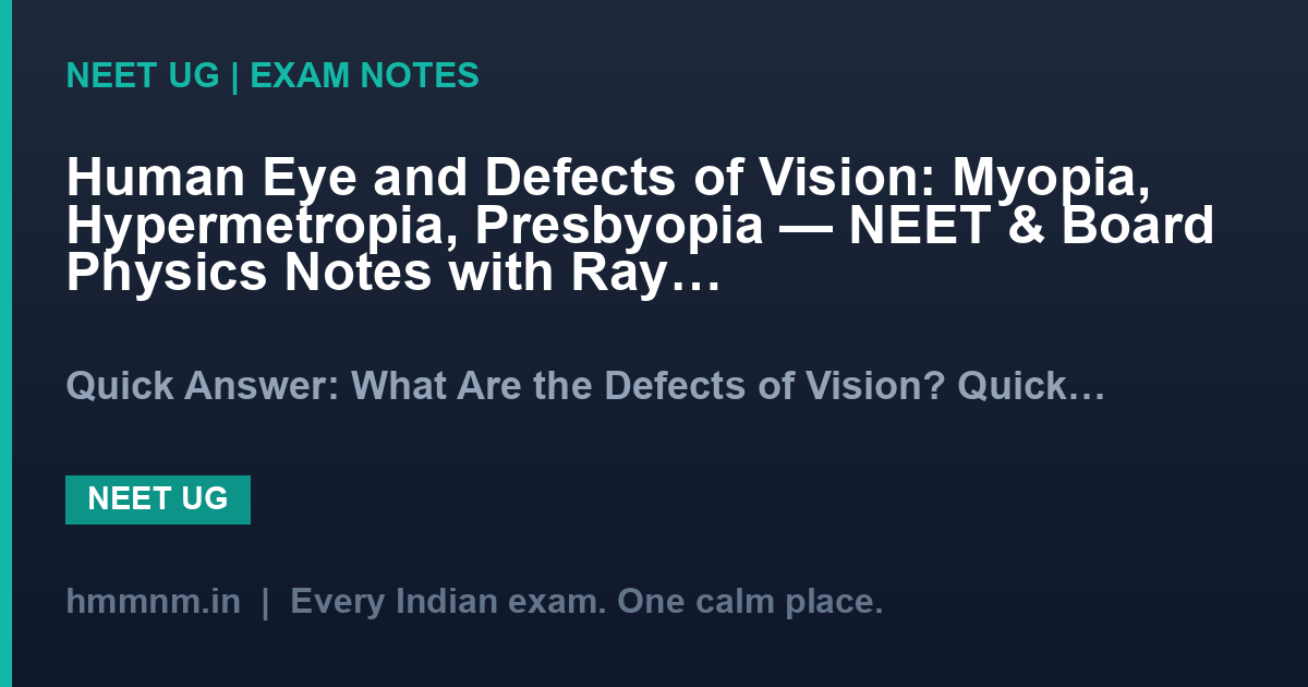 Human Eye and Defects of Vision: Myopia, Hypermetropia, Presbyopia — NEET & Board Physics Notes with Ray Diagrams & Solved Numericals