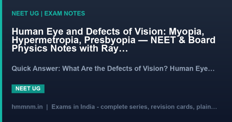 Human Eye and Defects of Vision: Myopia, Hypermetropia, Presbyopia — NEET & Board Physics Notes with Ray Diagrams & Solved Numericals