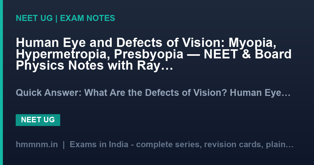 Human Eye and Defects of Vision: Myopia, Hypermetropia, Presbyopia — NEET & Board Physics Notes with Ray Diagrams & Solved Numericals