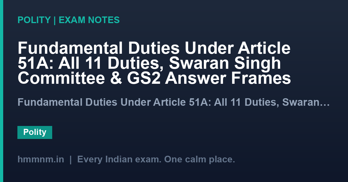 Fundamental Duties Under Article 51A: All 11 Duties, Swaran Singh Committee & GS2 Answer Frames