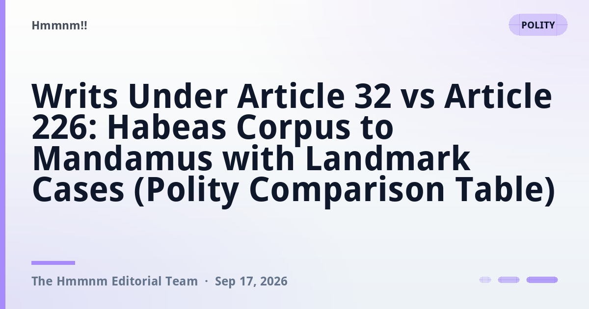 You are currently viewing Writs Under Article 32 vs Article 226: Habeas Corpus to Mandamus with Landmark Cases (Polity Comparison Table)