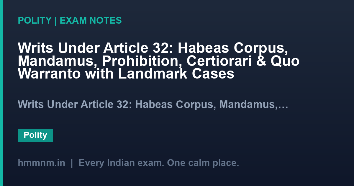 Writs Under Article 32: Habeas Corpus, Mandamus, Prohibition, Certiorari & Quo Warranto with Landmark Cases