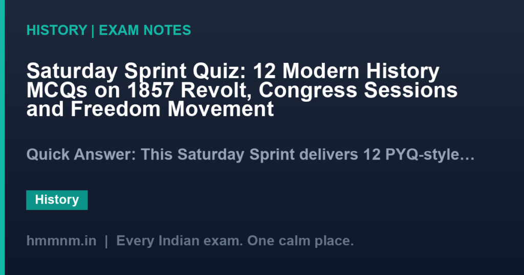 Saturday Sprint Quiz: 12 Modern History MCQs on 1857 Revolt, Congress Sessions and Freedom Movement