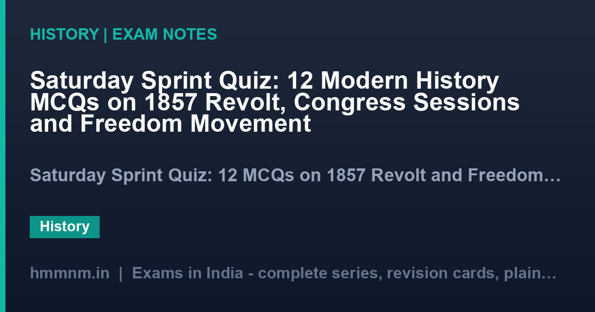 Saturday Sprint Quiz: 12 Modern History MCQs on 1857 Revolt, Congress Sessions and Freedom Movement