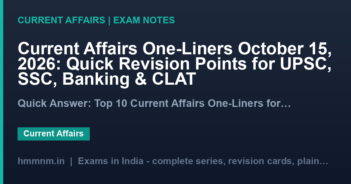 Current Affairs One-Liners October 15, 2026: Quick Revision Points for UPSC, SSC, Banking & CLAT